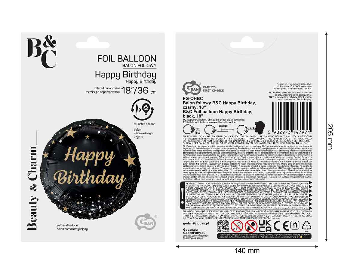 Foil balloon Happy Birthday, black, 18"